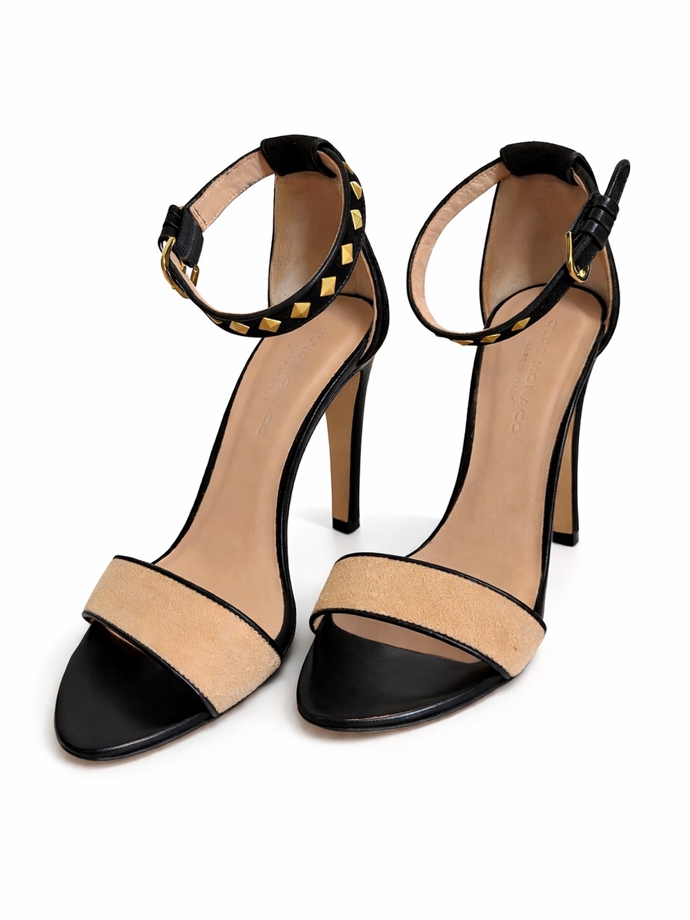 Club Monaco Black and Beige Studded Ankle-Strap Heels